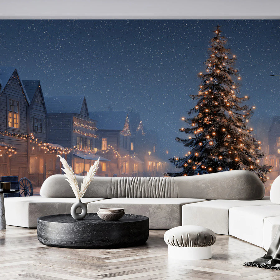 Snowy Western Town Christmas Mural Wallpaper — Cinematic Night Scene Mural Wallpaper