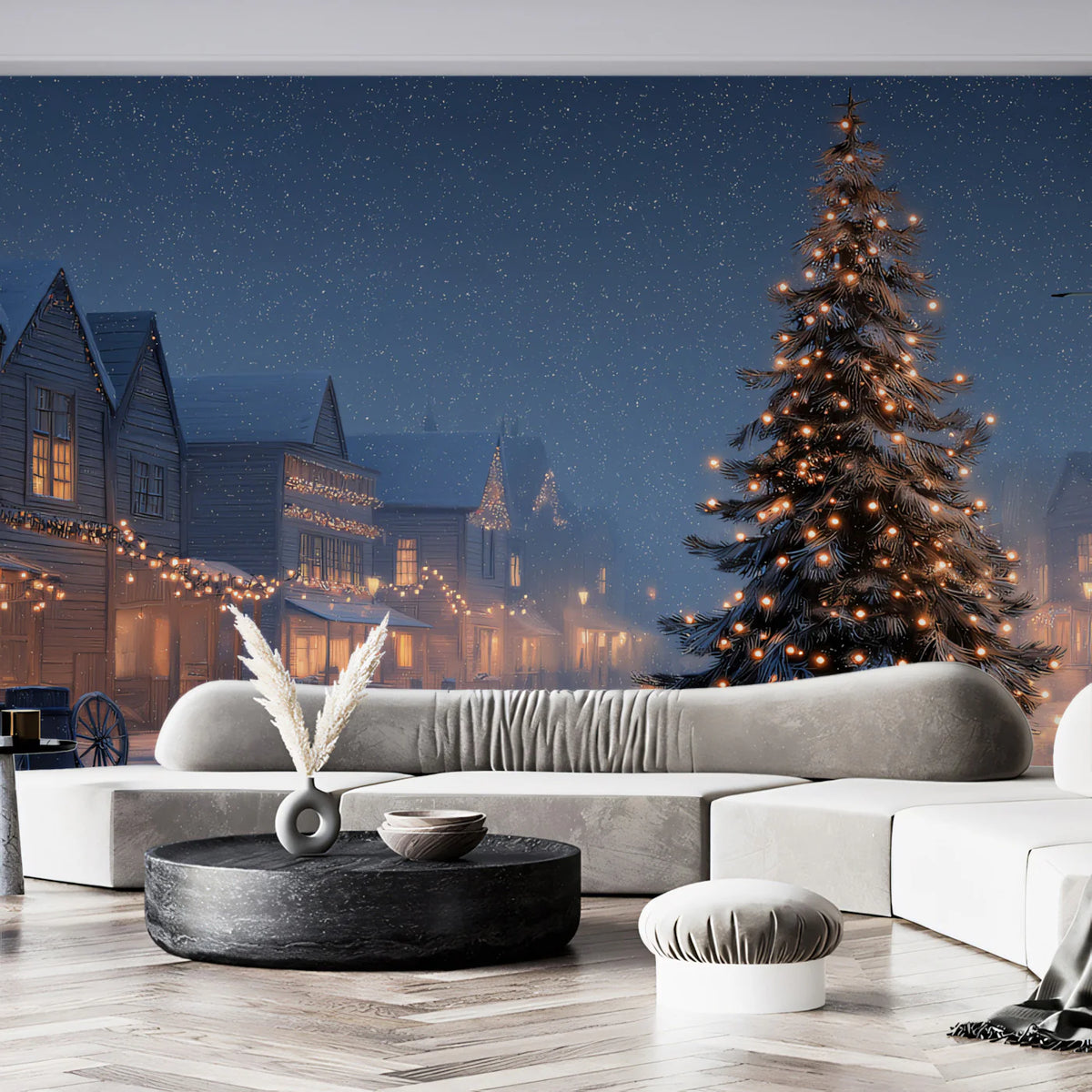 Snowy Western Town Christmas Mural Wallpaper — Cinematic Night Scene Mural Wallpaper - pure wallpaper artwork