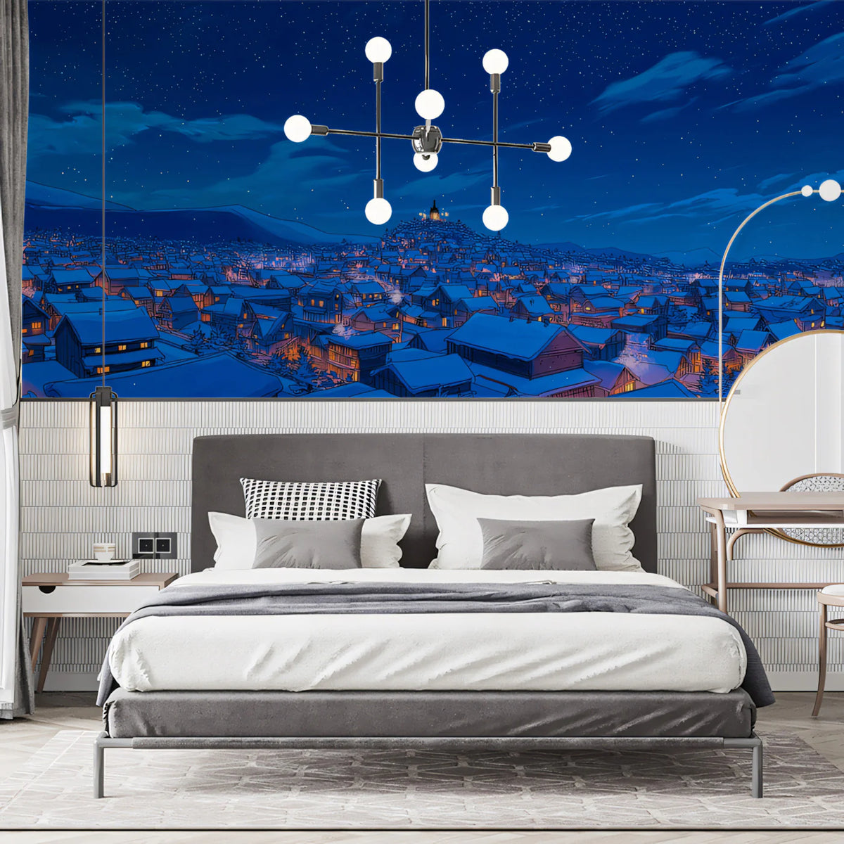 Snowy Village Night Mural Wallpaper — Cozy Winter Illustration Mural Wallpaper - pure wallpaper artwork