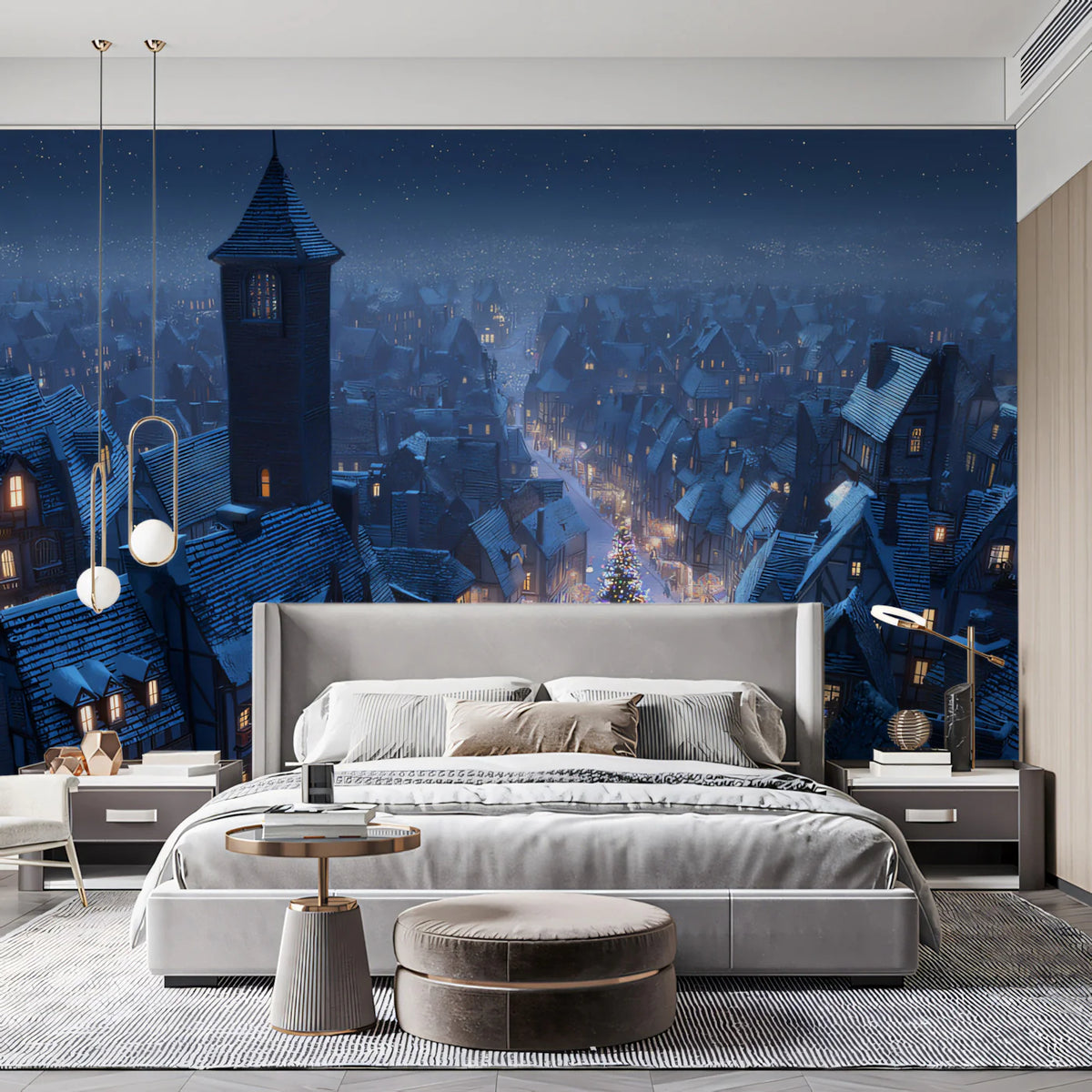 Winter Village Christmas Mural Wallpaper — Cinematic Cityscape Mural Wallpaper - pure wallpaper artwork
