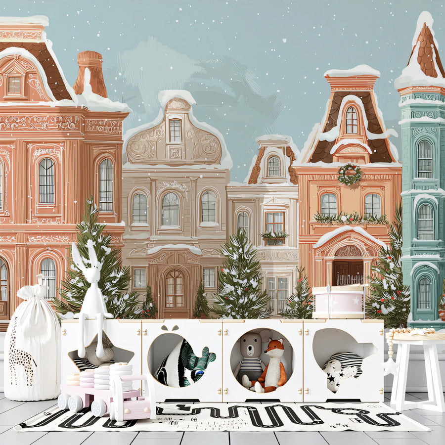 Winter Village Street Mural Wallpaper — Watercolor Festive Scene Mural Wallpaper