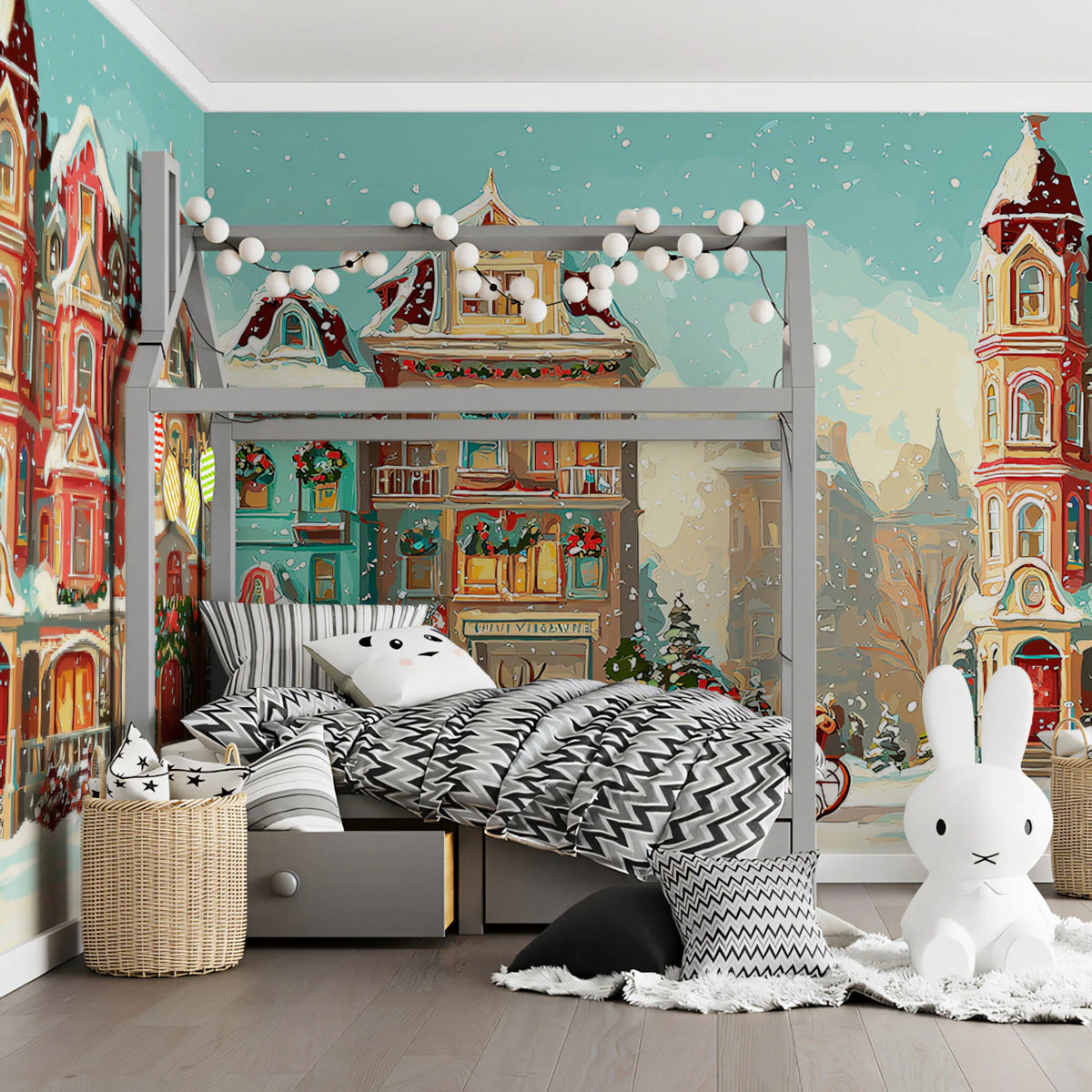 Victorian Christmas Town Mural Wallpaper — Festive Holiday Scene Mural Wallpaper - pure wallpaper artwork