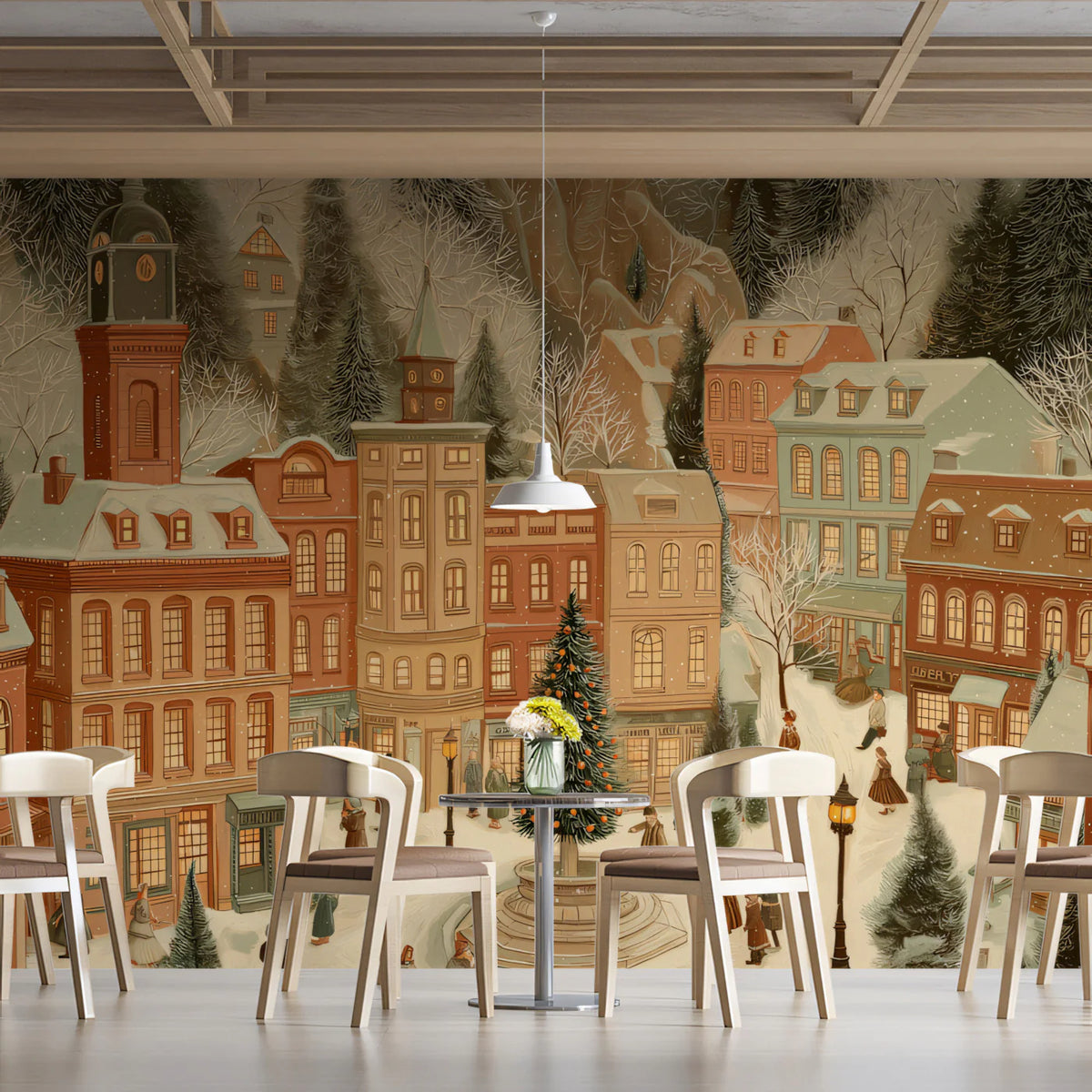 Victorian Town Square Mural Wallpaper — Vintage Holiday Scene Mural Wallpaper - pure wallpaper artwork