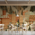 Victorian Town Square Mural Wallpaper — Vintage Holiday Scene Mural Wallpaper - pure wallpaper artwork