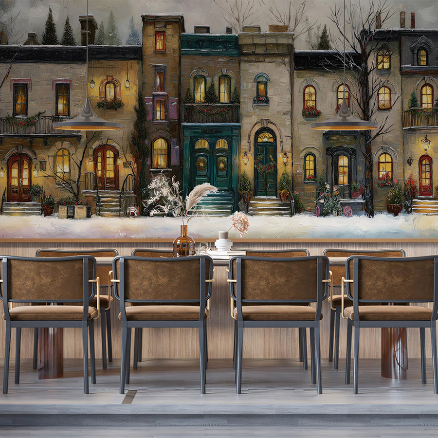 Snowy Townhouse Holiday Mural Wallpaper — Festive Oil Painting Mural Wallpaper