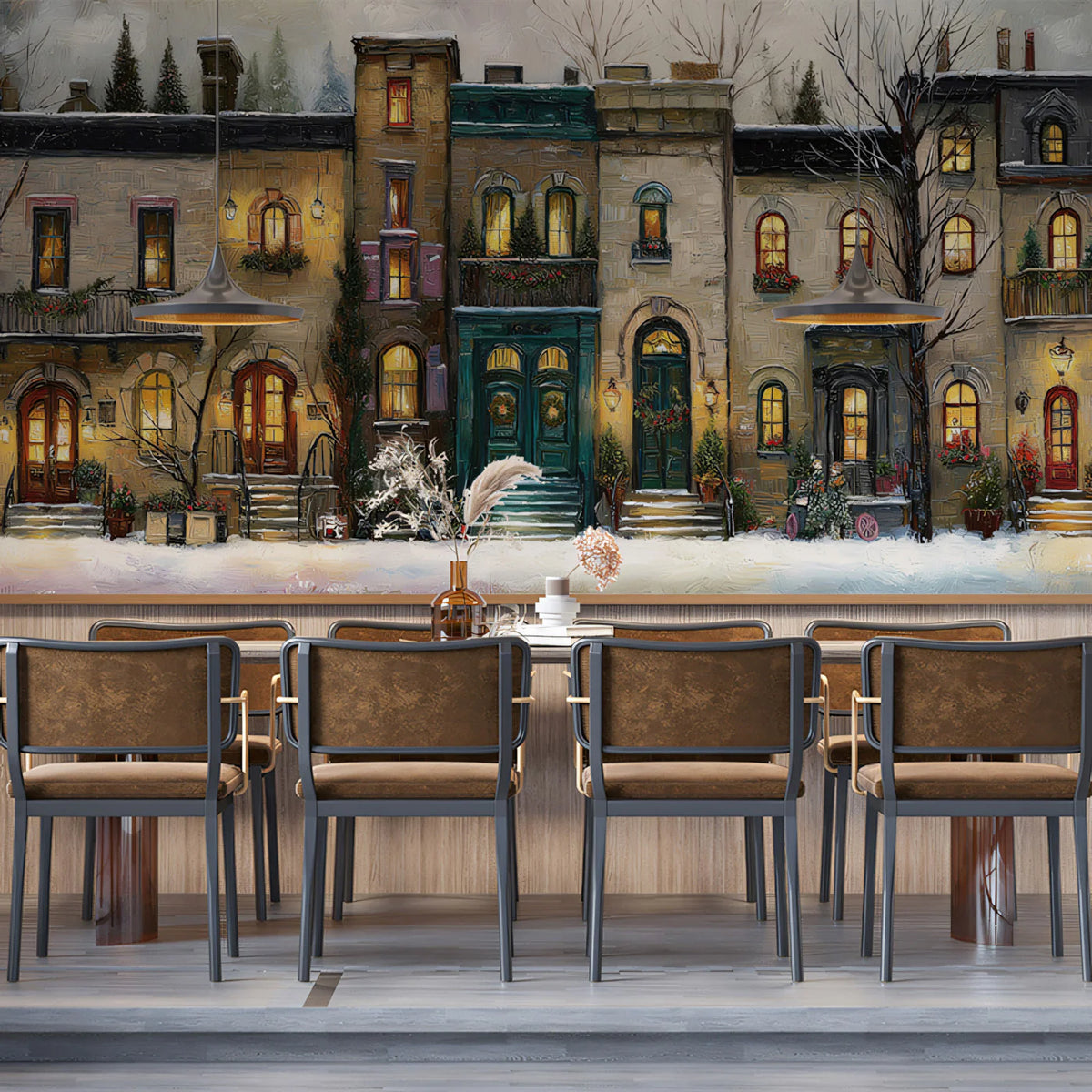 Snowy Townhouse Holiday Mural Wallpaper — Festive Oil Painting Mural Wallpaper - pure wallpaper artwork