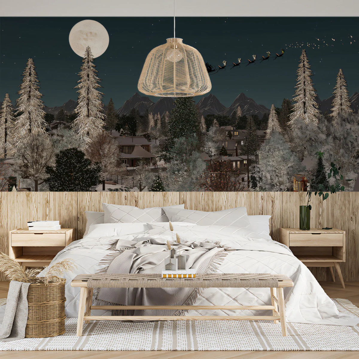 Santa Night Flight Mural Wallpaper — Winter Forest Holiday Scene Mural Wallpaper - pure wallpaper artwork