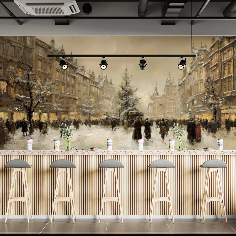 Snowy European Cityscape Mural Wallpaper — Vintage Oil Painting Style Mural Wallpaper