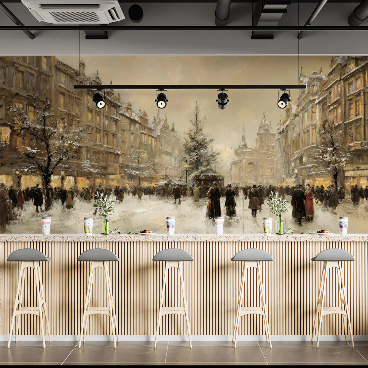 Snowy European Cityscape Mural Wallpaper — Vintage Oil Painting Style Mural Wallpaper - pure wallpaper artwork