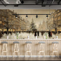 Snowy European Cityscape Mural Wallpaper — Vintage Oil Painting Style Mural Wallpaper - pure wallpaper artwork