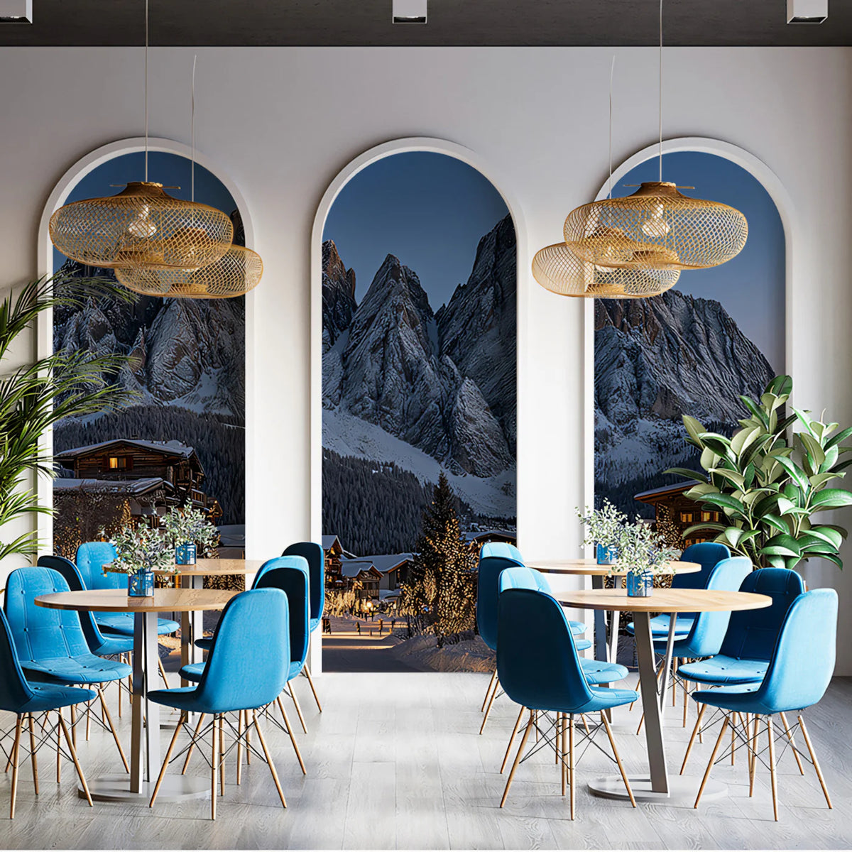 Dolomite Mountain Village Mural Wallpaper — Twilight Winter Scene Mural Wallpaper - pure wallpaper artwork