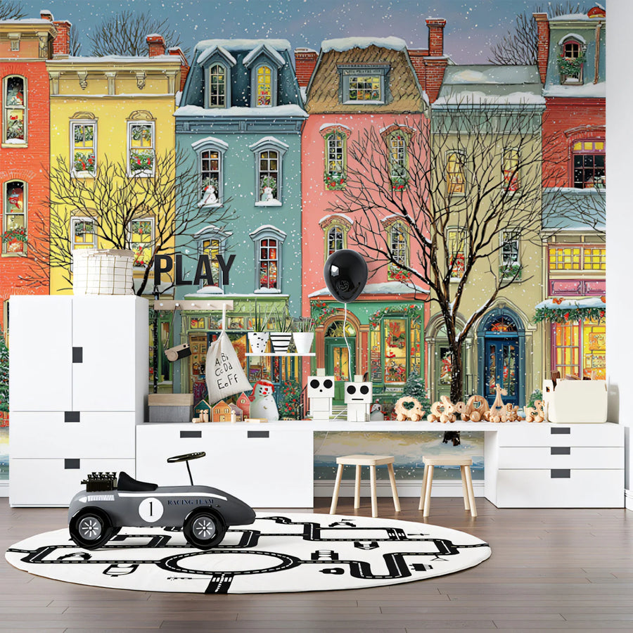 Snowy Row House Mural Wallpaper — Festive Folk Art Street Scene Mural Wallpaper
