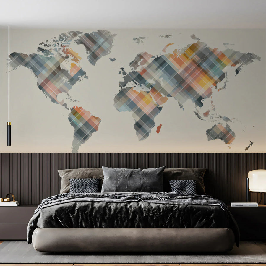Pixel Plaid World Map Mural Wallpaper — Geometric Cartography Mural Wallpaper