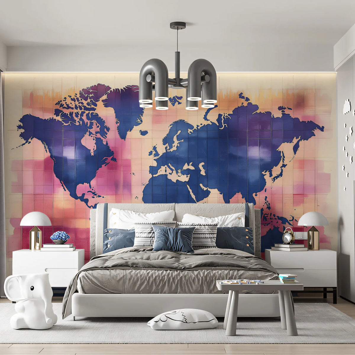 Watercolor World Map Mural Wallpaper — Abstract Navy and Magenta Mural Wallpaper - pure wallpaper artwork