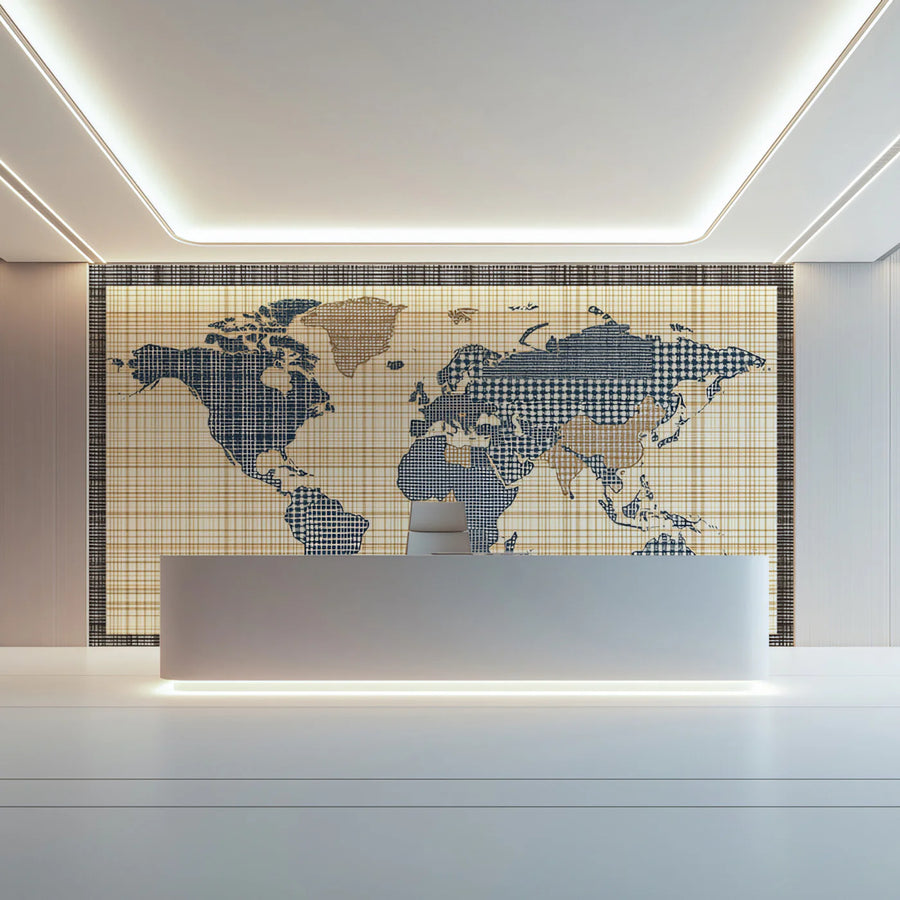 Textured World Map Mural Wallpaper — Navy and Tan Plaid Mural Wallpaper