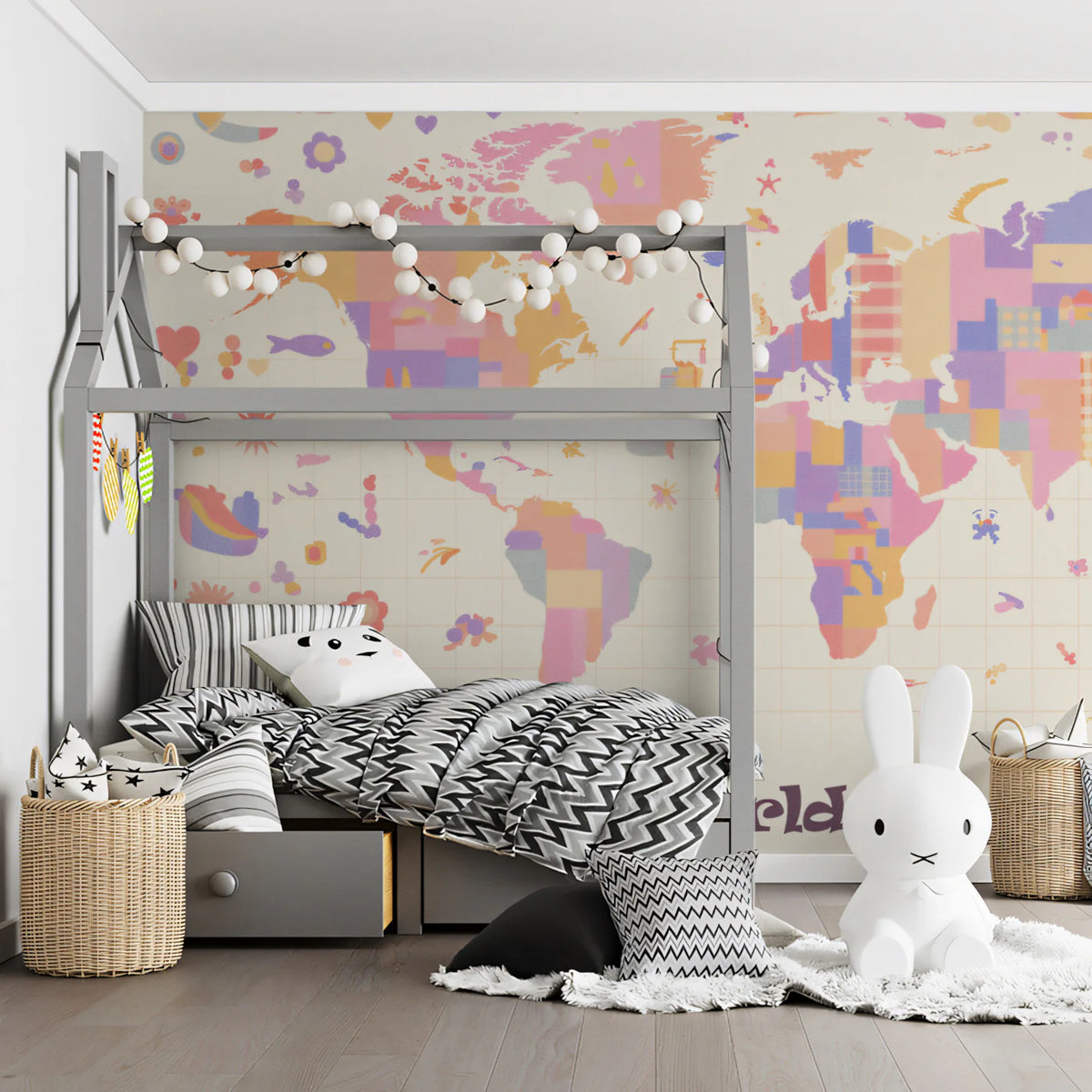 Pastel World Map Kids Mural Wallpaper Whimsical Motifs, Soft Geometric Blocks, Educational Nursery Art Mural Wallpaper - pure wallpaper artwork