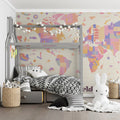 Pastel World Map Kids Mural Wallpaper Whimsical Motifs, Soft Geometric Blocks, Educational Nursery Art Mural Wallpaper - pure wallpaper artwork