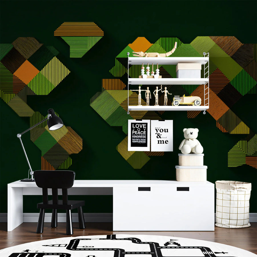 Abstract Geometric World Map Mural Wallpaper — Deep Green Tones Mural Wallpaper