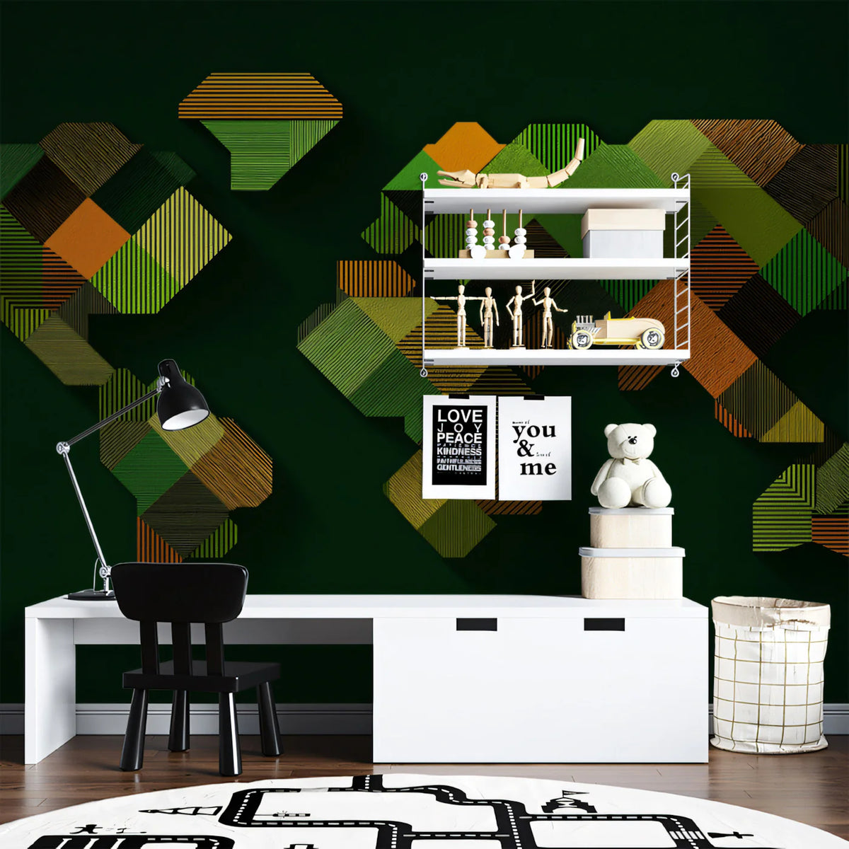 Abstract Geometric World Map Mural Wallpaper — Deep Green Tones Mural Wallpaper - pure wallpaper artwork