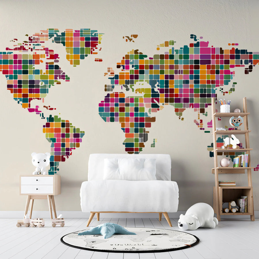Pixel World Map Mural Wallpaper — Colorful Geometric Grid Decor Mural Wallpaper