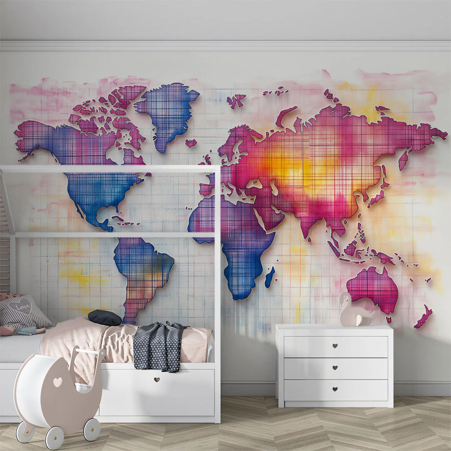 Neon Grid World Map Mural Wallpaper — Abstract Global Graphic Mural Wallpaper
