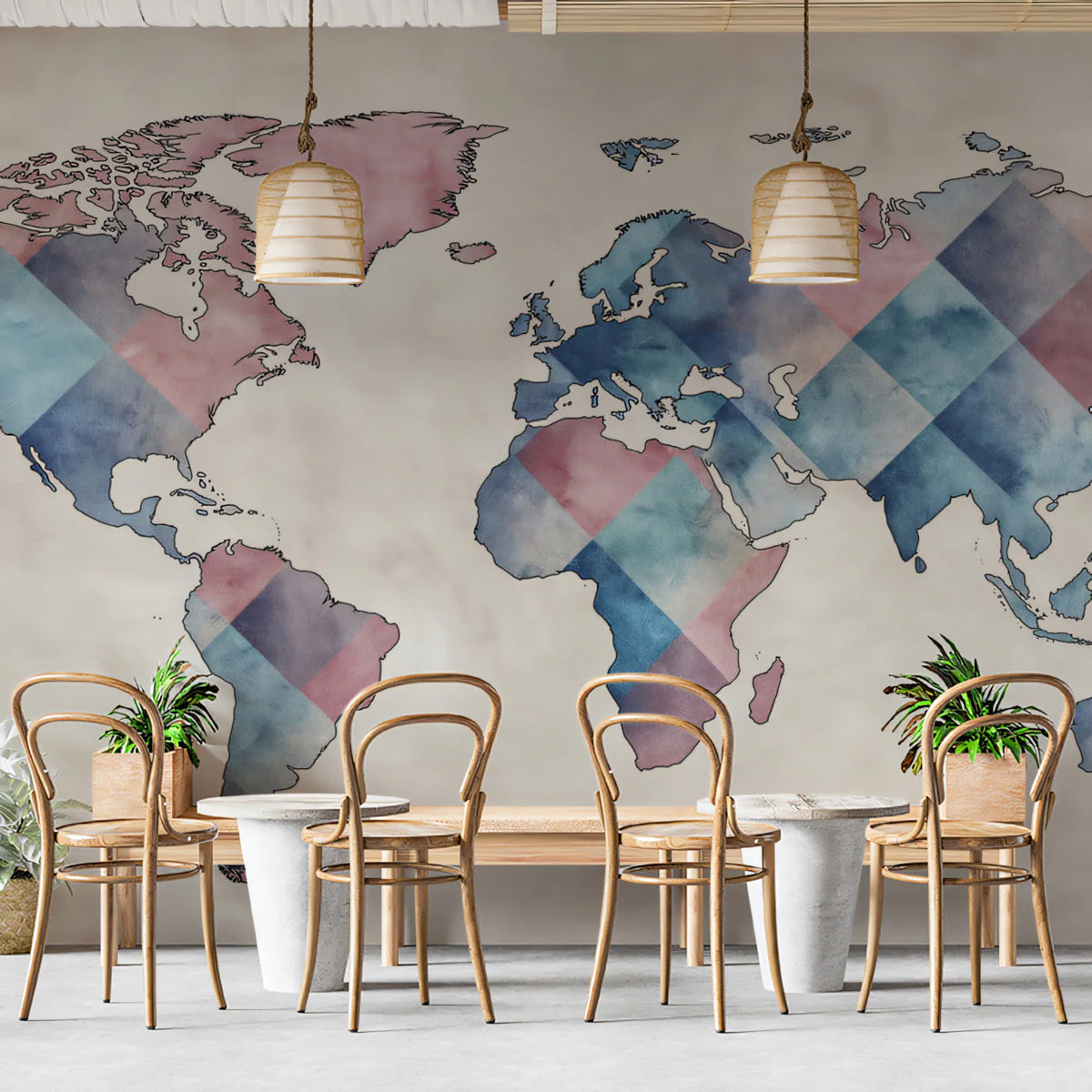 Watercolor Argyle World Map Mural — Soft Geometric Cartography Mural Wallpaper - pure wallpaper artwork