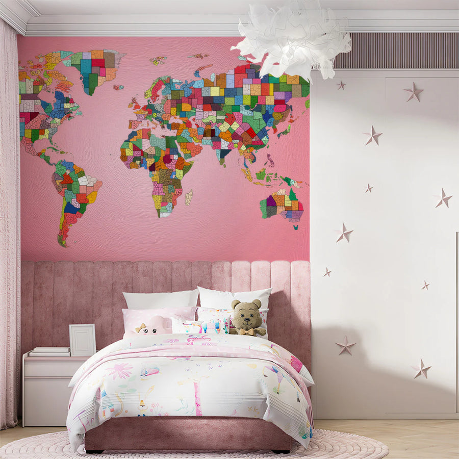 Abstract Global Map Mural Wallpaper — Multi-Colored Geo Print Mural Wallpaper