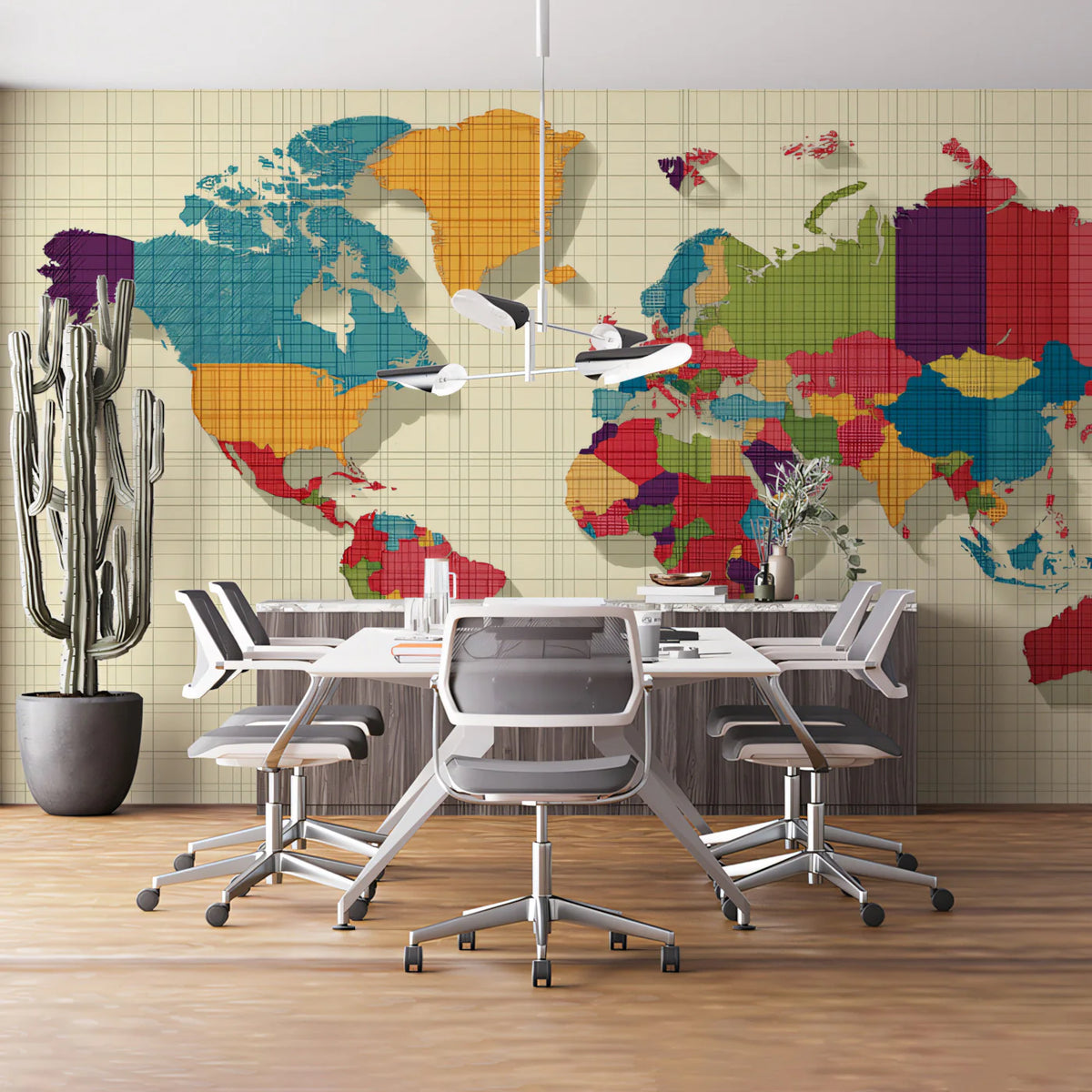 Graphic World Map Mural Wallpaper — Multi-Color Grid Design Mural Wallpaper - pure wallpaper artwork