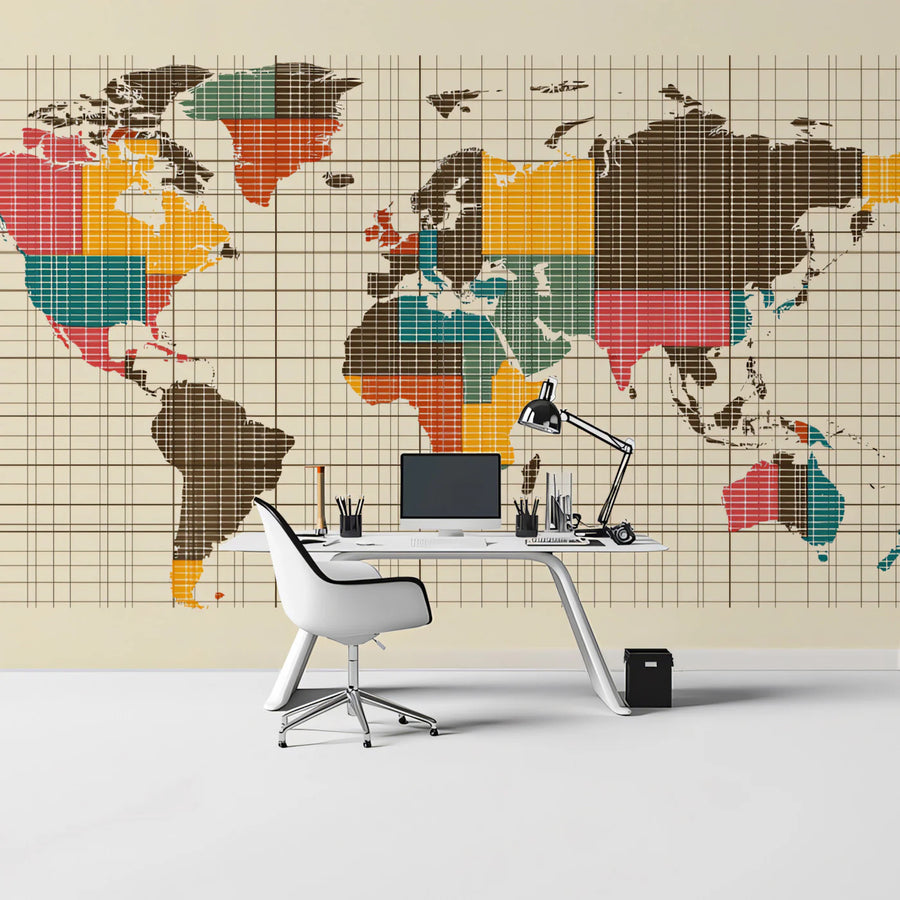 Mid-Century Grid World Map Mural Wallpaper — Retro Graphic Design Mural Wallpaper