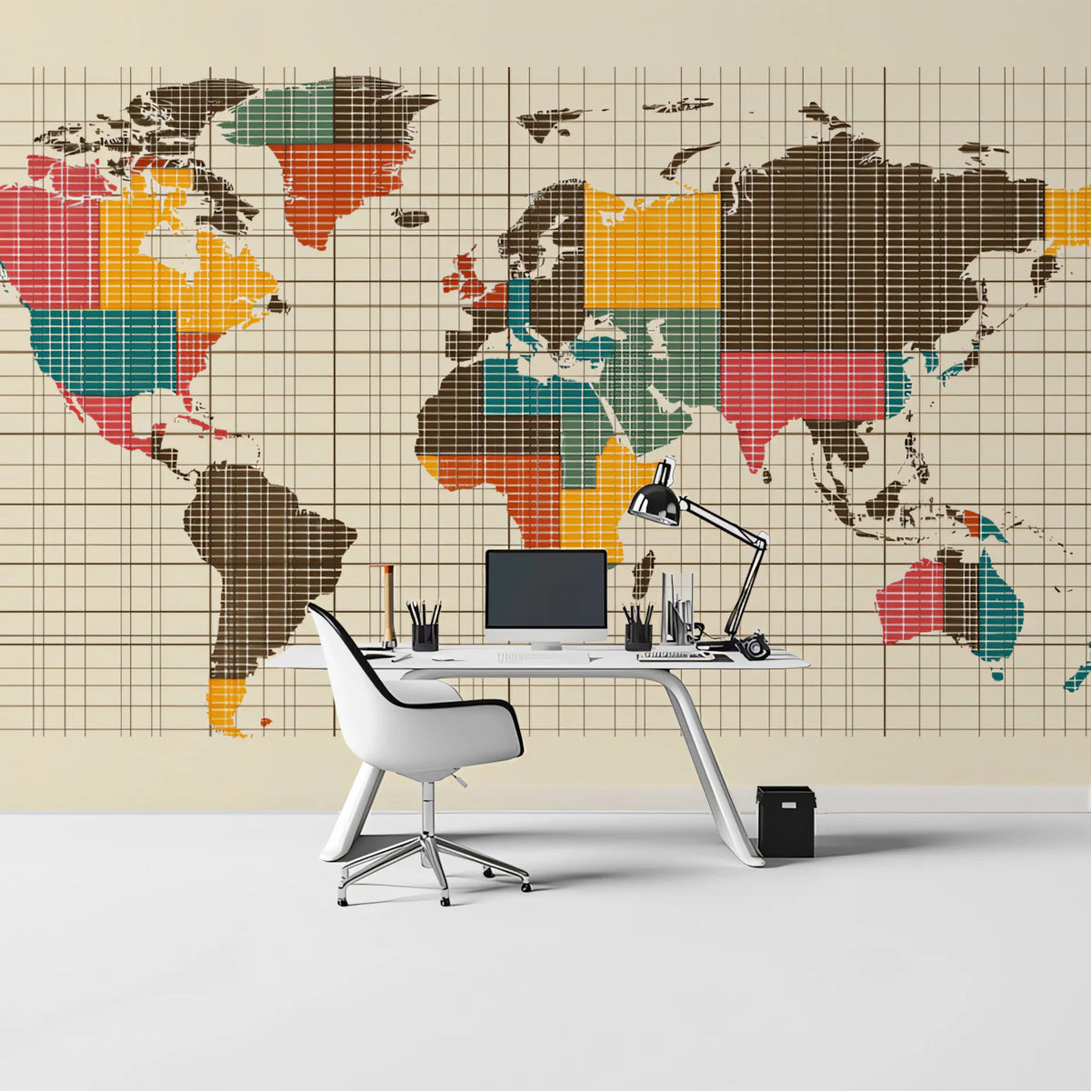 Mid-Century Grid World Map Mural Wallpaper — Retro Graphic Design Mural Wallpaper - pure wallpaper artwork