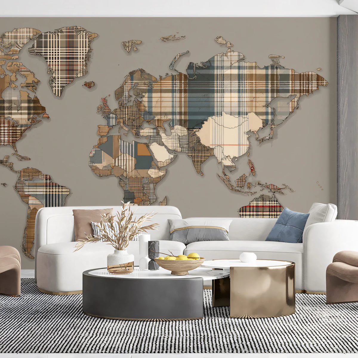 Plaid Patchwork World Map Mural Wallpaper — Earthy Rustic Decor Mural Wallpaper - pure wallpaper artwork