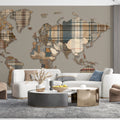 Plaid Patchwork World Map Mural Wallpaper — Earthy Rustic Decor Mural Wallpaper - pure wallpaper artwork