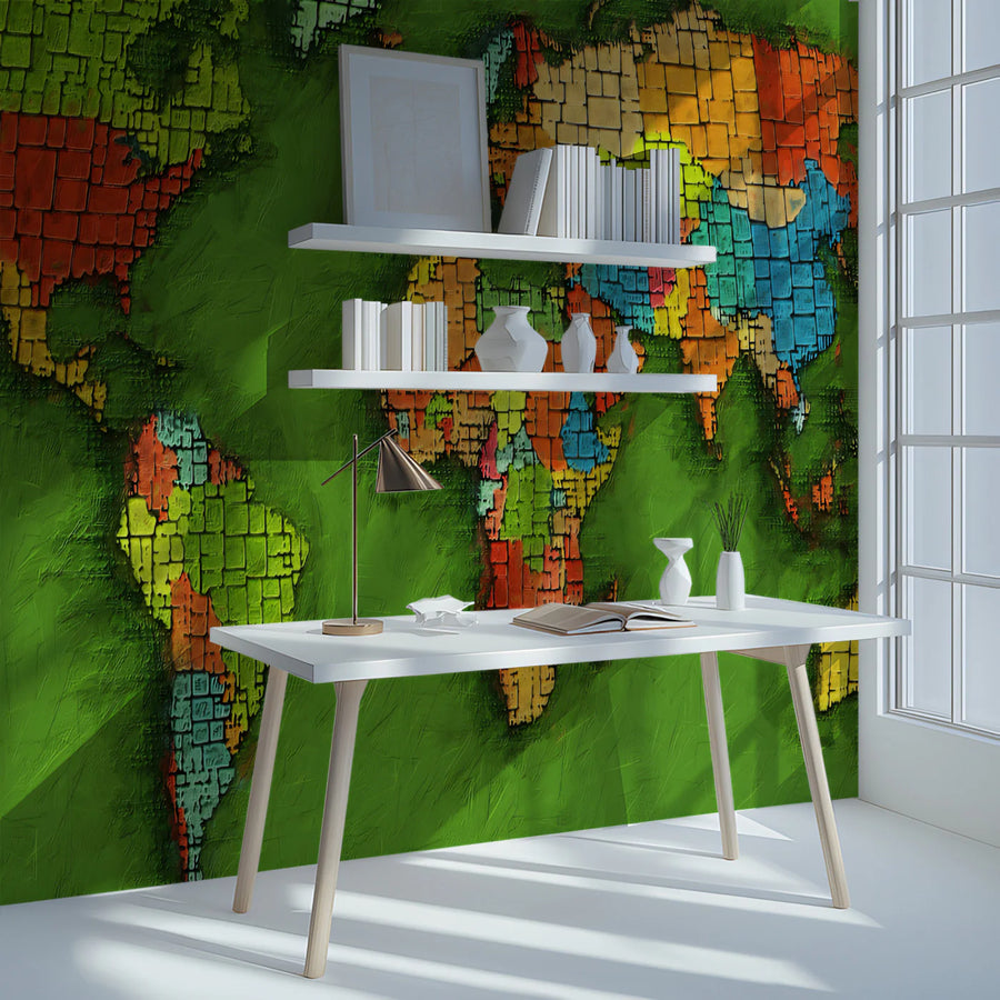 Mosaic World Map Mural Wallpaper — Artistic Painted Global Design Mural Wallpaper
