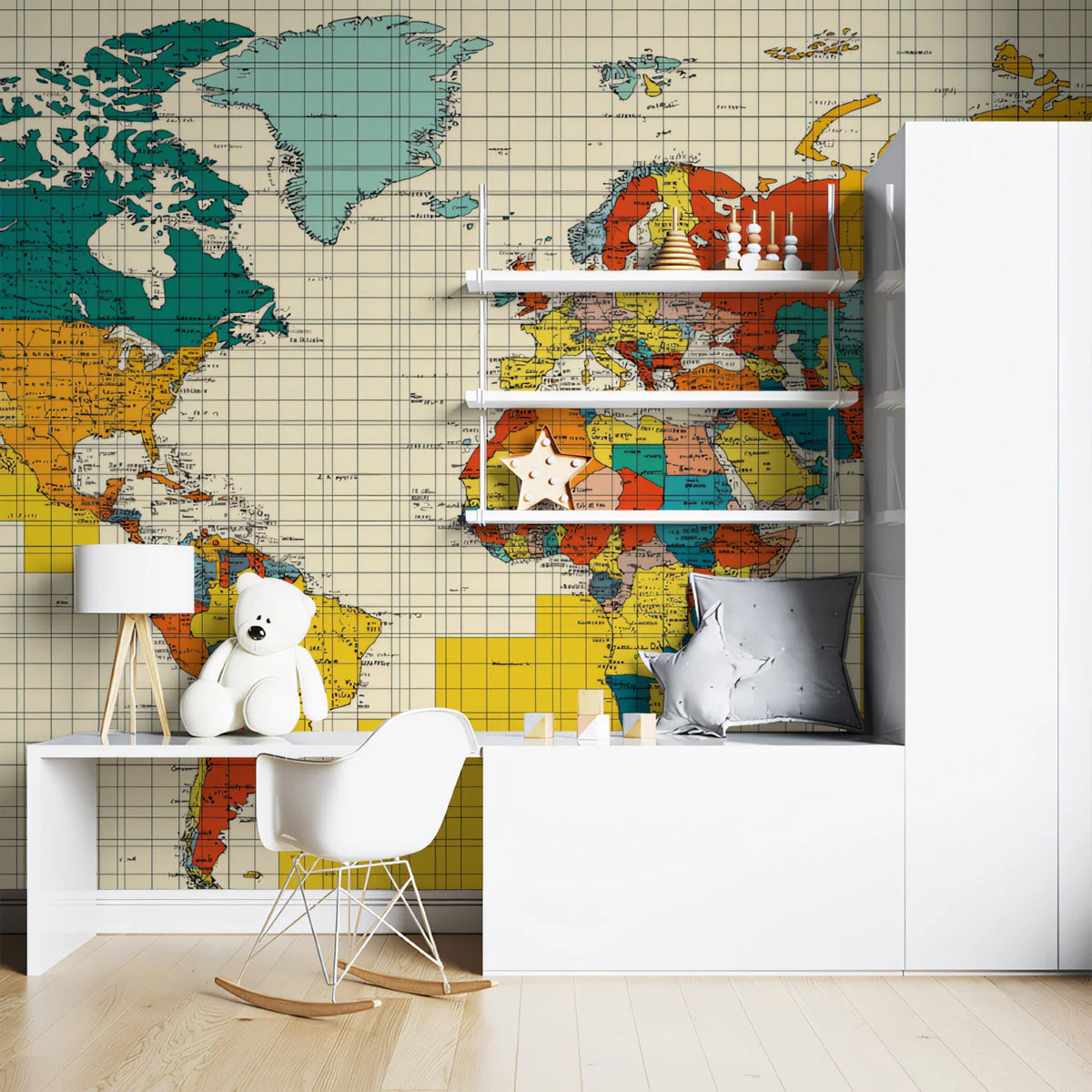 Vintage Political World Map Mural Wallpaper — Retro Mid-Century Grid Mural Wallpaper - pure wallpaper artwork