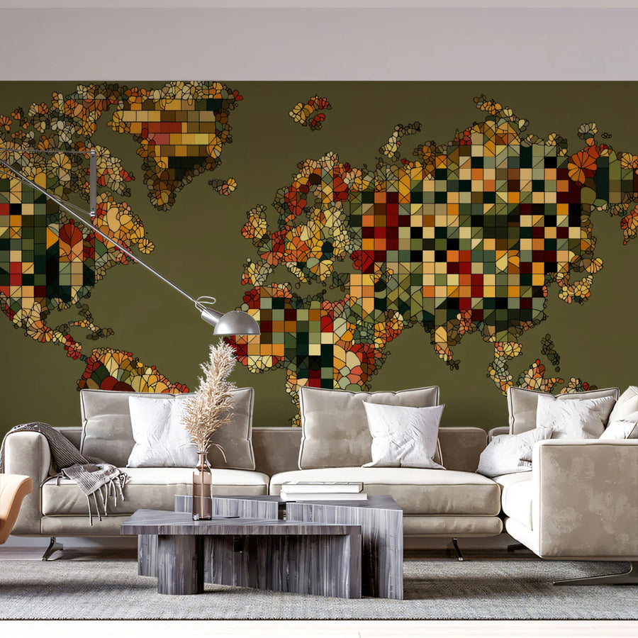 Floral Mosaic World Map Mural Wallpaper — Earthy Abstract Art Mural Wallpaper