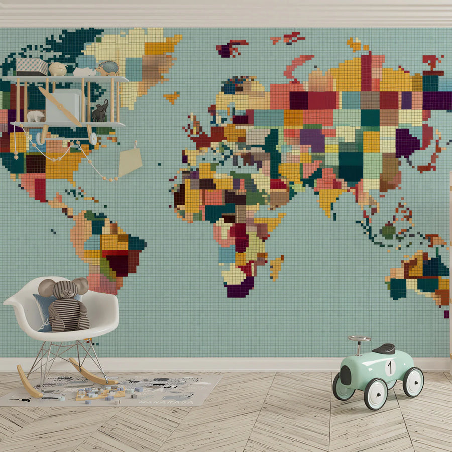 Pixelated World Map Mural Wallpaper — Modern Retro Art Mural Wallpaper
