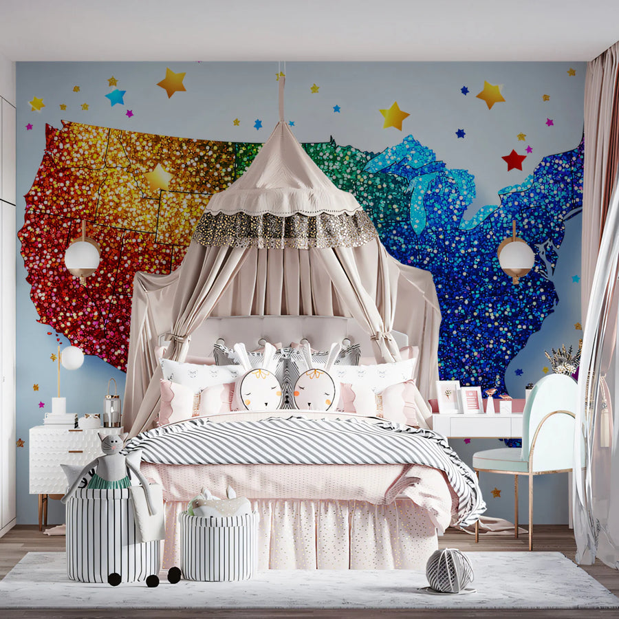 Rainbow Glitter USA Map Mural Wallpaper — Festive Pop Art Decor Mural Wallpaper