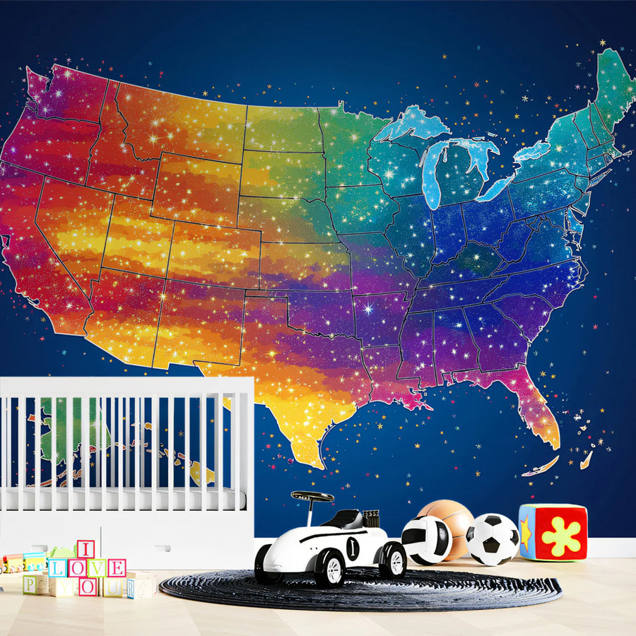 Rainbow Starburst USA Map Mural Wallpaper — Vibrant Cosmic Wall Art Mural Wallpaper