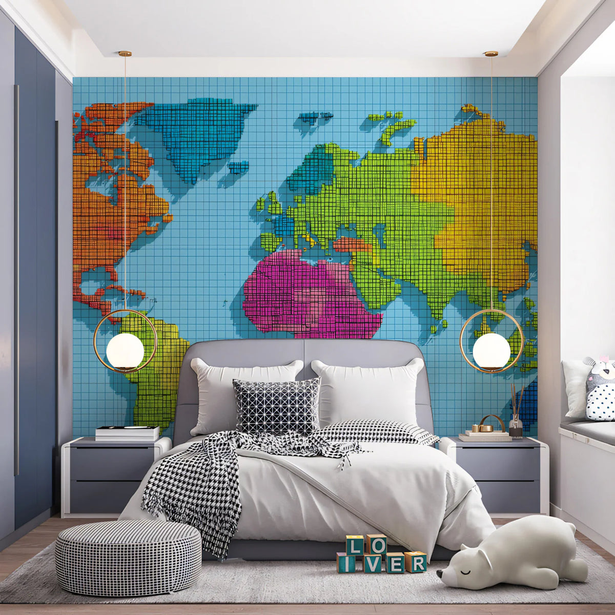 Pixelated World Map Mural Wallpaper — Vibrant Geo-Relief Design Mural Wallpaper - pure wallpaper artwork