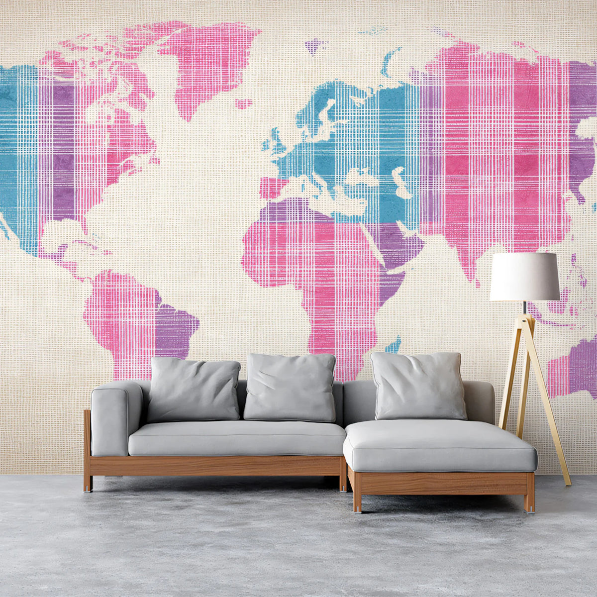 Plaid World Map Mural Wallpaper — Soft Pastel Geographic Art Mural Wallpaper - pure wallpaper artwork