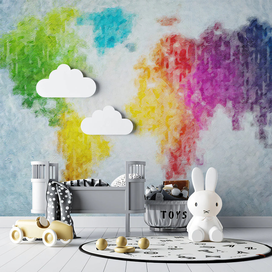 Impressionist World Map Mural Wallpaper — Colorful Painted Texture Mural Wallpaper