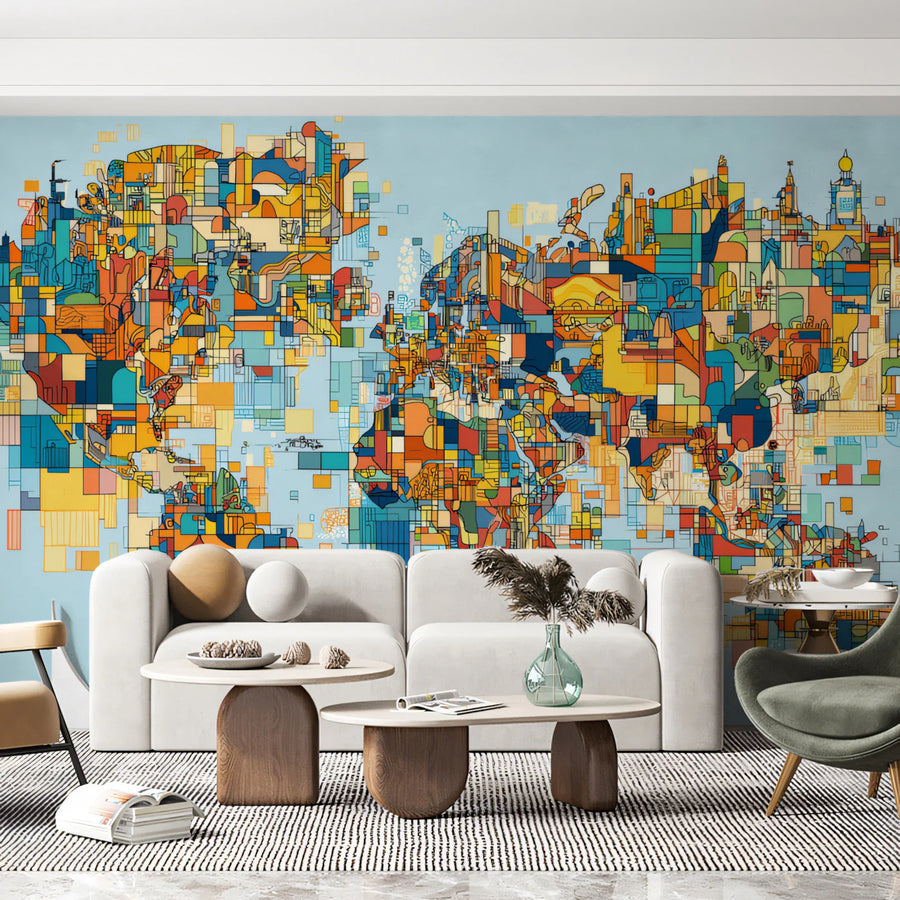 Abstract Global City Map Mural Wallpaper — Vibrant Urban Collage Mural Wallpaper