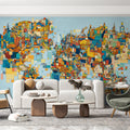 Abstract Global City Map Mural Wallpaper — Vibrant Urban Collage Mural Wallpaper - pure wallpaper artwork