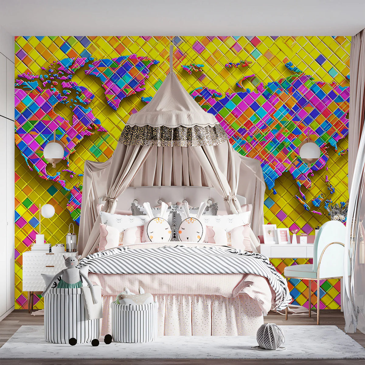 Psychedelic Tile World Map Mural Wallpaper — Vibrant Geometric Art Mural Wallpaper - pure wallpaper artwork