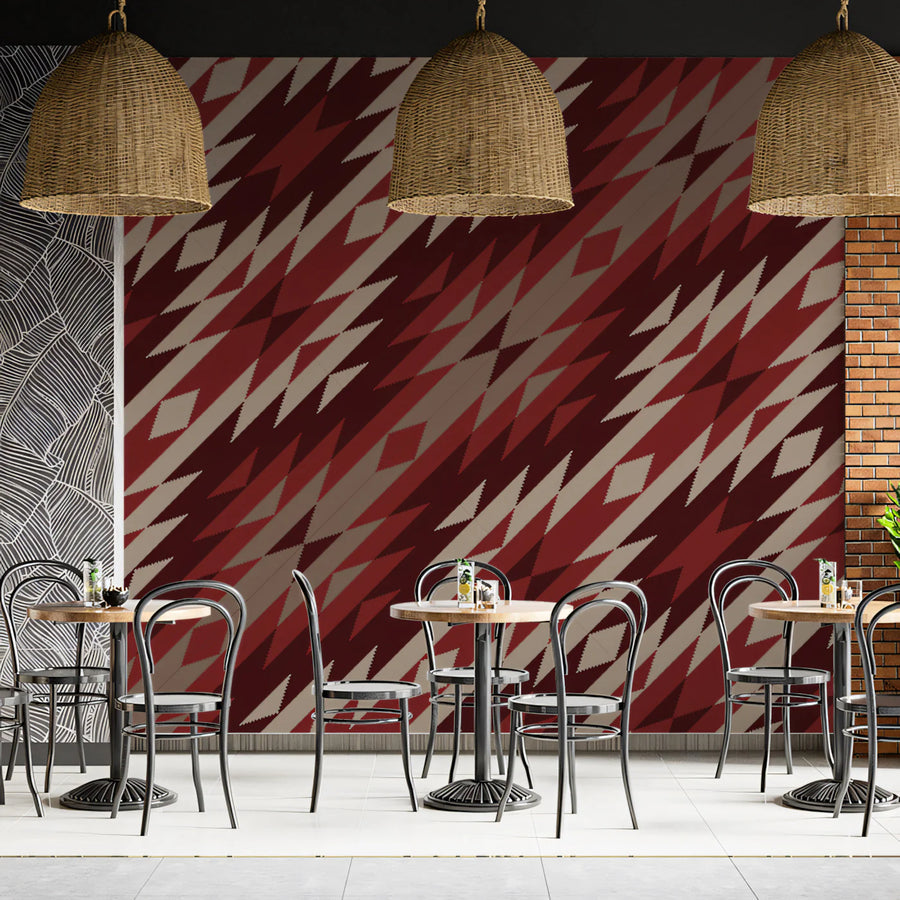 Diagonal Ikat Geometric Mural Wallpaper — Rich Crimson Textile Print Mural Wallpaper