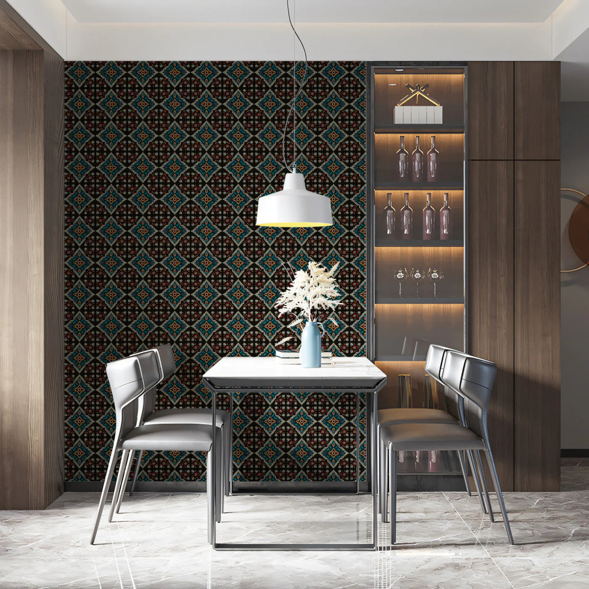 Dark Moroccan Tile Repeat Mural Wallpaper Repeating Print, Black Background, Intricate Geometric Motif Mural Wallpaper - pure wallpaper artwork