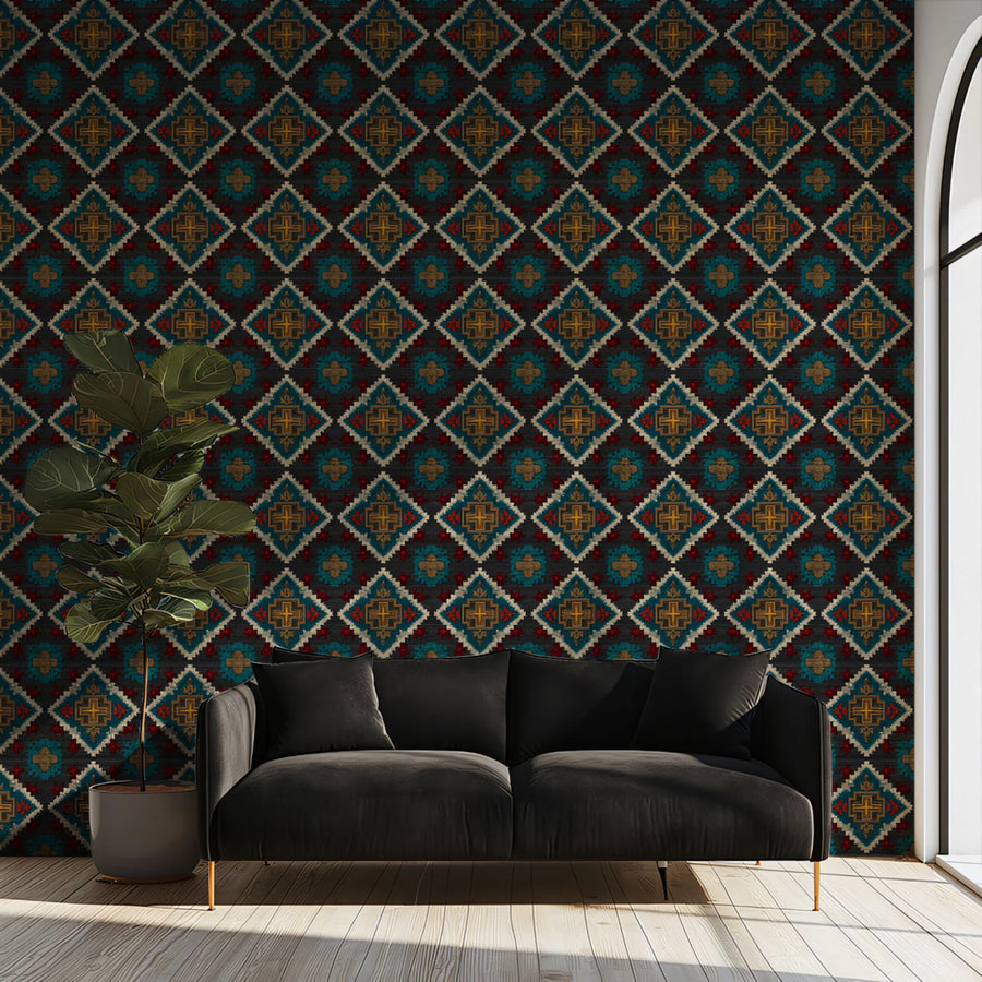 Micro Diamond Tapestry Mural Wallpaper — Dark Jewel Tone Repeat Mural Wallpaper