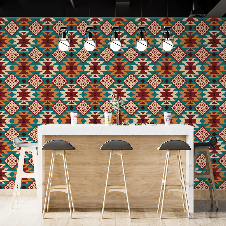 Southwest Geometric Medallion Mural Wallpaper — Earthy Teal Motif Mural Wallpaper