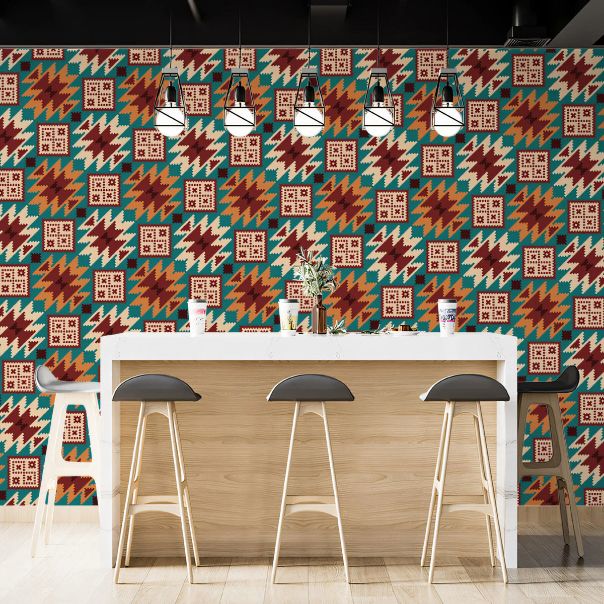 Geometric Ikat Motif Mural Wallpaper — Teal, Ochre and Maroon Mural Wallpaper - pure wallpaper artwork