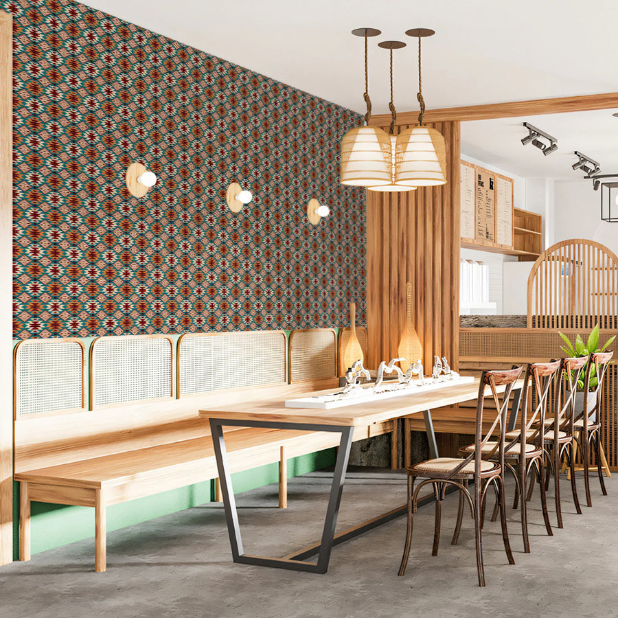 Intricate Geometric Tribal Mural Wallpaper — Earthy Teal and Red Mural Wallpaper